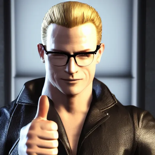 Image similar to Albert Wesker smiling and giving a thumbs up, 4k render