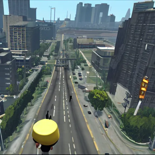 Prompt: screenshot from Grand Theft Auto showing a giant minion attacking the city