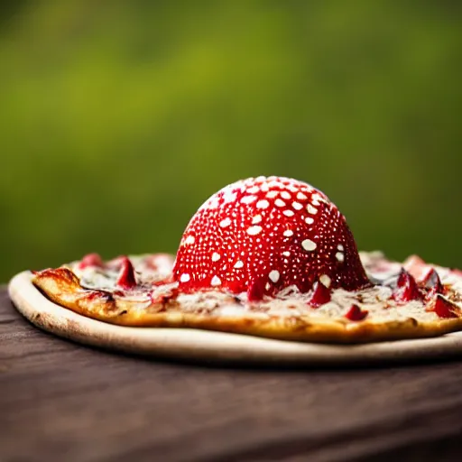 Prompt: spotted amanita muscaria on top of a pizza viewed from the side, ten spotted amanita muscaria, on a table, professional food photography