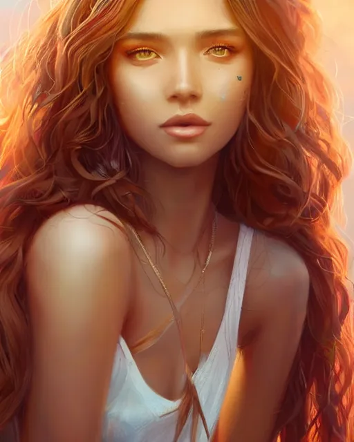 Image similar to summer vibes, beautiful sun tanned goddess portrait, flowy sunkissed hair, sun, summer, cinematic lighting, highly detailed, digital painting, trending on artstation, pixiv, concept art, sharp focus, illustration, art by ross tran and wlop