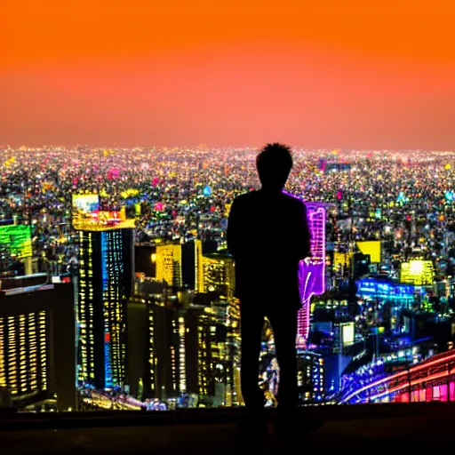 Image similar to silhouette of man in front of nighttime Tokyo city skyline, neon colors, beautiful photography, 8K