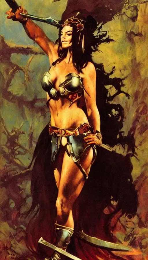 Prompt: alluring warrior princess by Frank Frazetta,oil painting