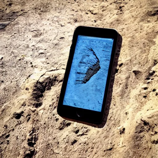 Prompt: fossilized iphone discovered in cliff face