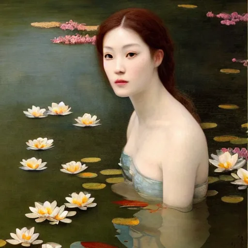 Image similar to a painting of a woman with greek white clothes floating in a pond of water lillies, a fine art painting, by liu jun, cgsociety, deviantart, pre - raphaelitism, figurative art, magical realism, detailed painting, made of flowers