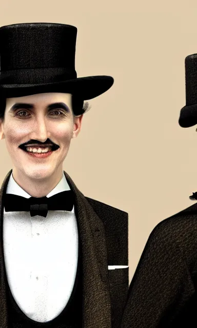 Image similar to ultra realistic photorealistic sepia portrait of a 1 9 2 0 s era smiling, magician, a tall, thin man, well dressed, slicked - back black hair, long - tailed tuxedo coat, black bow tie, walking stick and top hat, trending on artstation, illustration, digital painting, highly detailed render