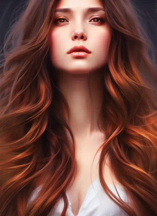 Image similar to a gorgeous female with long brown hair in the style of stefan kostic, realistic, full body shot, wide angle, sharp focus, 8 k high definition, insanely detailed, intricate, elegant, art by stanley lau and artgerm, floating embers