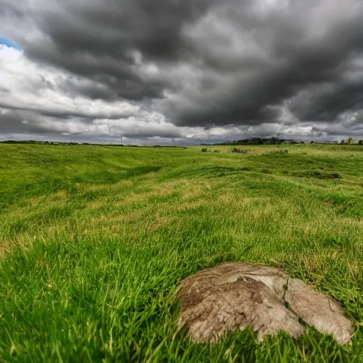 Prompt: one point perspective, waterfall, stony, clouds, grass, no animals, high exposure, slow shutter speed, 1 6 mm