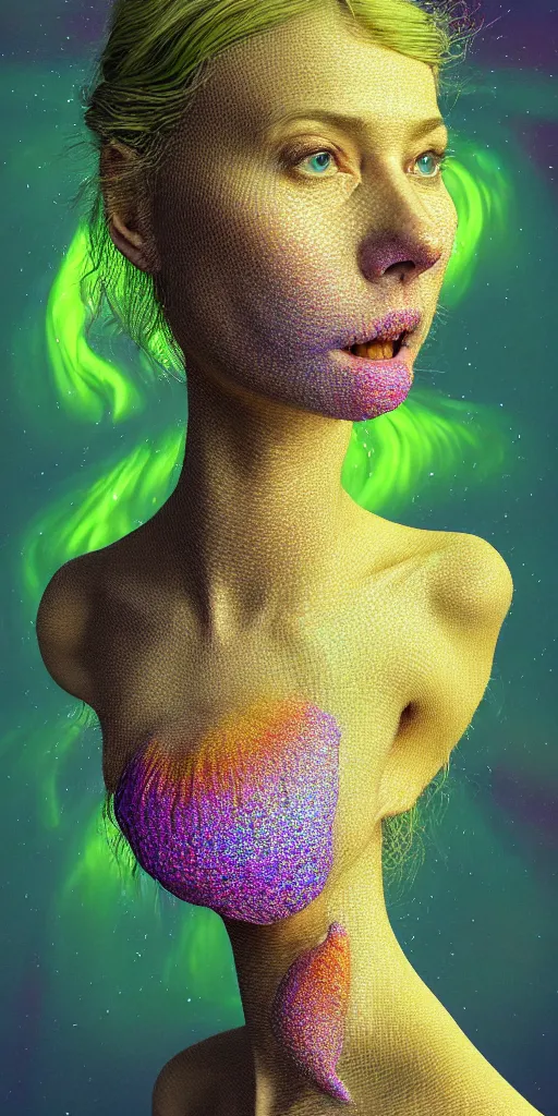 Image similar to hyper detailed 3d render like a Oil painting - portrait sculpt of Aurora (Singer) seen Eating of the Strangling network of yellowcake aerochrome and milky Fruit that covers her body and Her delicate Hands hold of gossamer polyp blossoms bring iridescent fungal flowers whose spores black the foolish stars by Jacek Yerka, Mariusz Lewandowski, Houdini algorithmic generative render, Abstract brush strokes, Masterpiece, Edward Hopper and James Gilleard, Zdzislaw Beksinski, Mark Ryden, Wolfgang Lettl, hints of Yayoi Kasuma, octane render, 8k