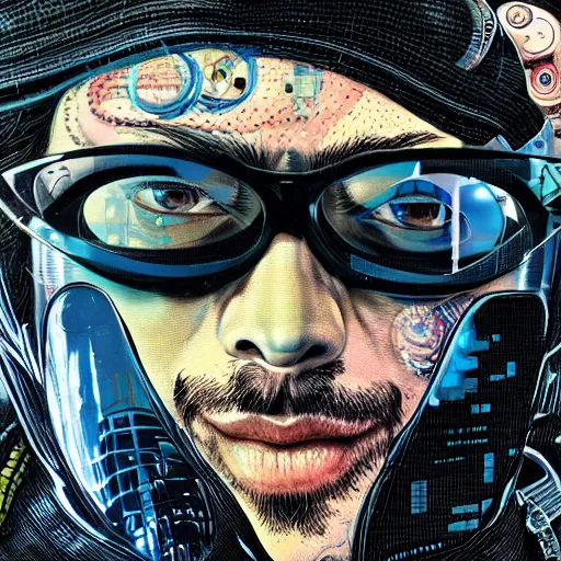 Prompt: portrait closeup of crazy post malone with cyberpunk microchips and round techno glasses, symmetrical, by yoichi hatakenaka, masamune shirow, josan gonzales and dan mumford, ayami kojima, takato yamamoto, barclay shaw, karol bak, yukito kishiro