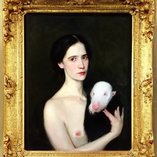 Prompt: “ a portrait of a dark haired girl holding an albino rat, very detailed, oil painting, madame x, dark background, by of john singer sargent ”