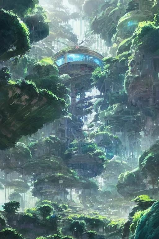 Prompt: portrait of cascading multi level botanical garden spaceship, illustration, concept art, anime, key visual, trending, pixiv, fanbox, by wlop, greg rutkowski, makoto shinkai, studio ghibli, kyoto animation, toon shading, cel shading, vaporwave,