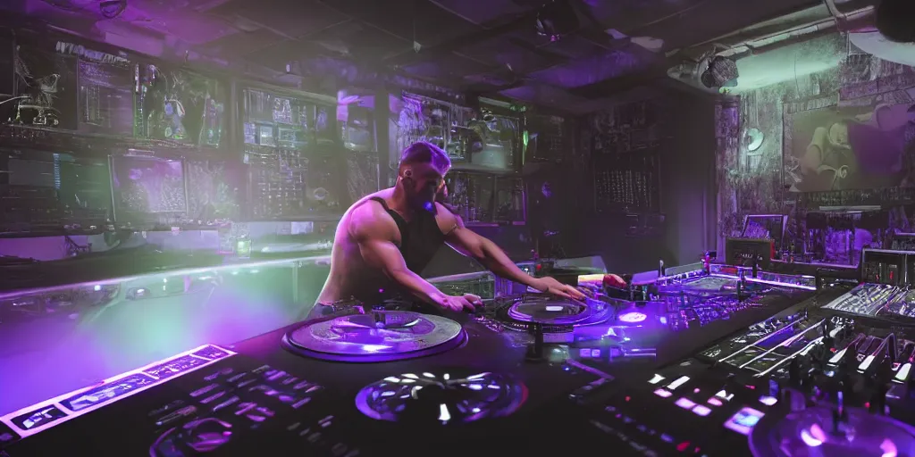 Image similar to a very buff dj playing at a club using a mixer on a tiny desk, pov, realistic 4 k octane beautifully detailed render, 4 k post - processing, highly detailed, intricate complexity, epic composition, magical atmosphere, cinematic lighting, masterpiece, ultra hd