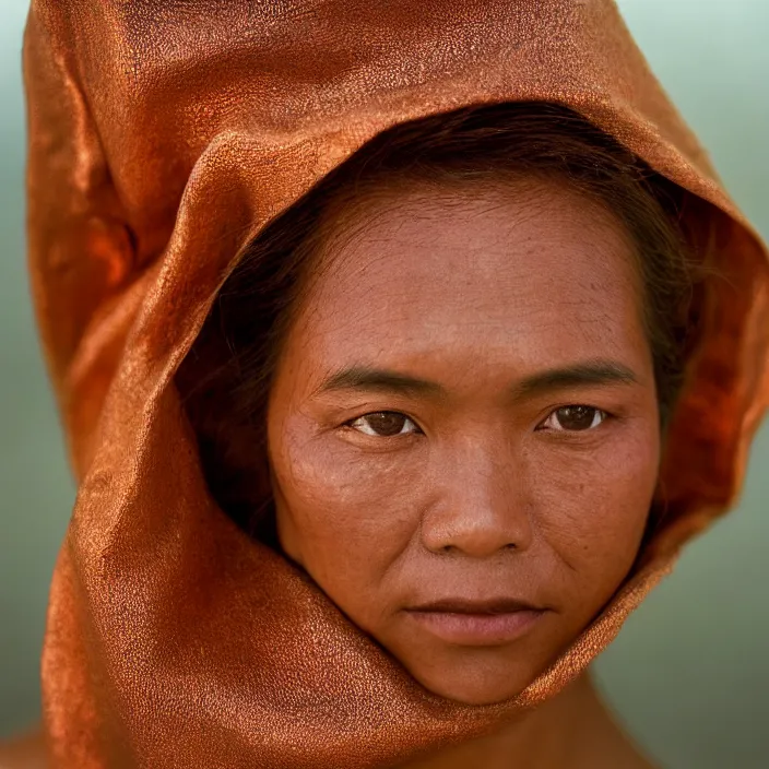 Prompt: closeup portrait of a woman wrapped in copper fiber, standing in el nido in philippines, color photograph, by vincent desiderio, canon eos c 3 0 0, ƒ 1. 8, 3 5 mm, 8 k, medium - format print