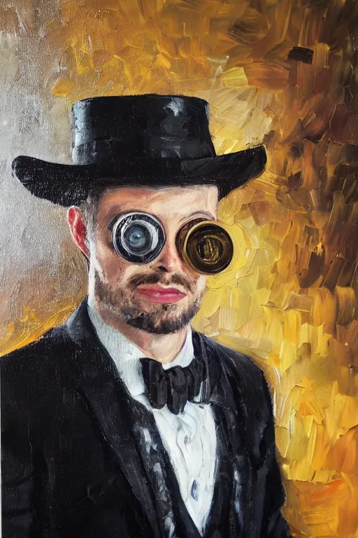 Image similar to palette knife oil painting portrait of graham, a fellow in a three - piece suit and monocle over one eye, peering over from his heavy, lacquered oak reception desk, extreme detail, artstation trending, artgerm, any racial background, deviant art, octane, substance, art history 8 k