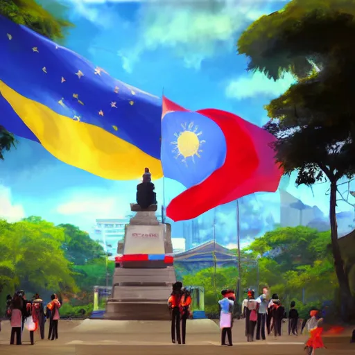 Prompt: rizal park with philippine flag futuristic, painting by makoto shinkai, featured on pixiv, deviantart hd