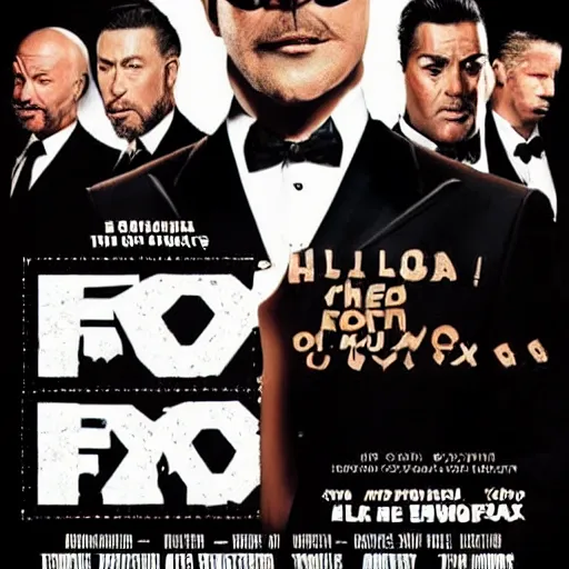 Prompt: hollywood quality poster for an action movie about foxes in tuxedos stealing fried chicken, promotional media