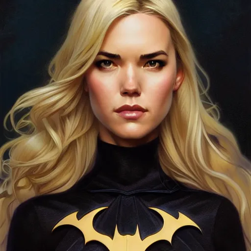 Image similar to Odette Annable with blonde hair as Bat Girl, western, D&D, fantasy, intricate, elegant, highly detailed, digital painting, artstation, concept art, matte, sharp focus, illustration, art by Artgerm and Greg Rutkowski and Alphonse Mucha