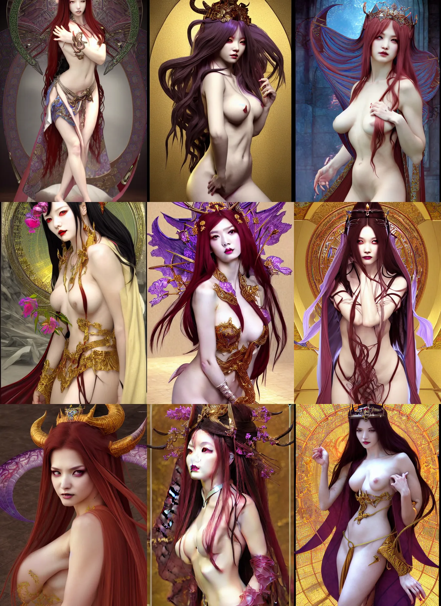 Prompt: complex 3 d hyper realistic smooth ultra sharp render of a gorgeous!! robed princess demoness sorceress woman | beatiful demon girl, d & d, medieval, fantasy | art by oh jinwook + 吵 集 仁 儿 on artstaion + takeshi obata + alphonse mucha + keng le