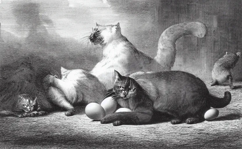 Prompt: huge cat guarding it's eggs from the business men. strange, photograph, photorealistic, 1850s