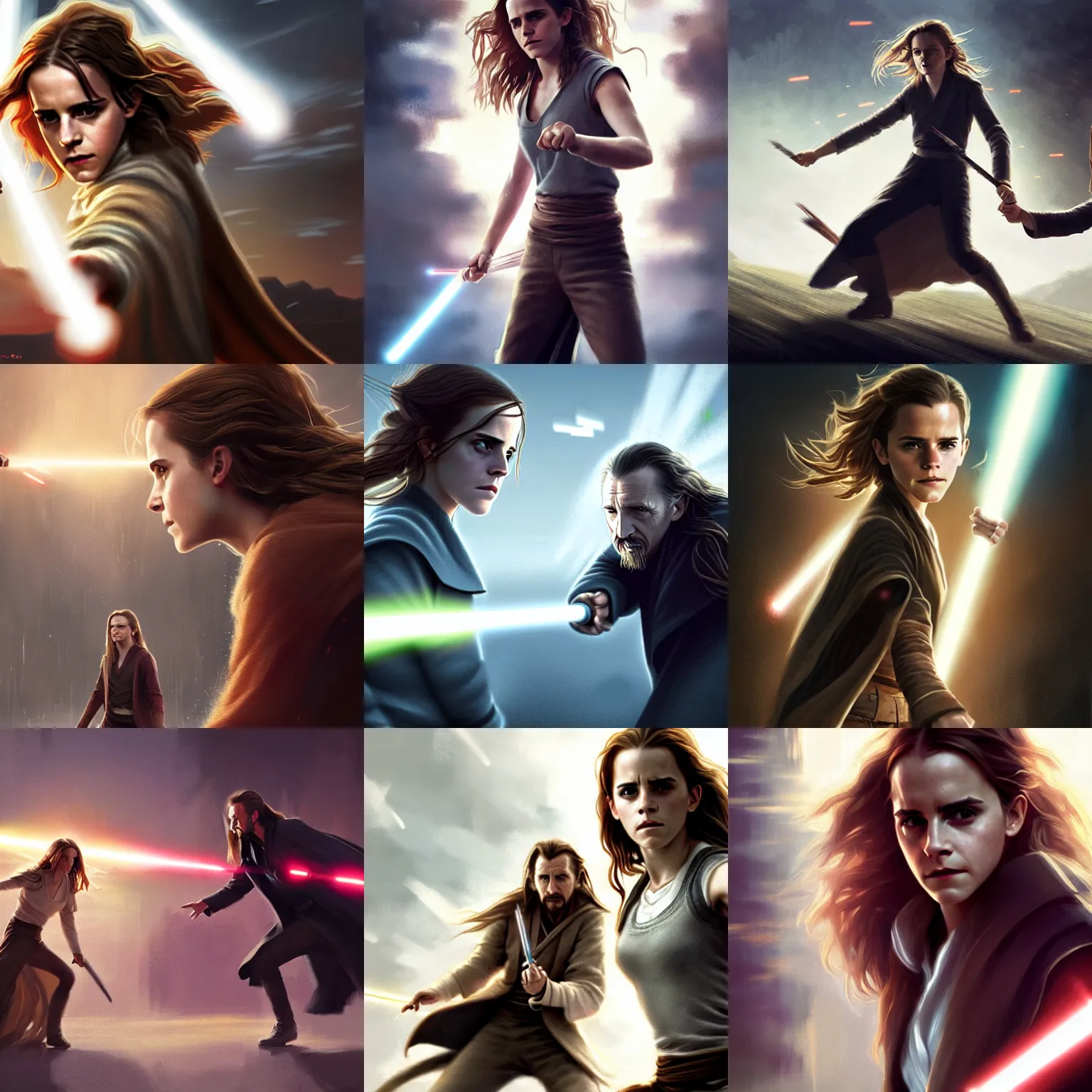 Prompt: emma watson / hermione granger fighting liam neeson / qui - gon jinn, digital art by greg rutkowski