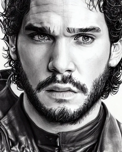 Image similar to portrait of kit harrington, gritty, dark, wearing a undone leather jacket, bare-chested, very detailed eyes, hyperrealistic, very detailed painting by Glenn Fabry, by Joao Ruas, by Artgerm, mfs shot