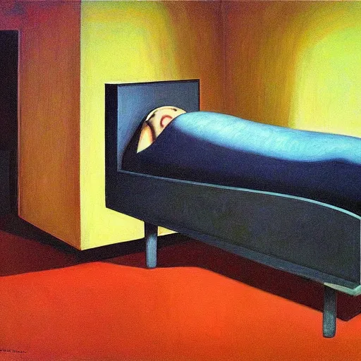 Image similar to sci - fi sarcophagus, statis chamber, sleeping crew, dystopian, pj crook, edward hopper, oil on canvas