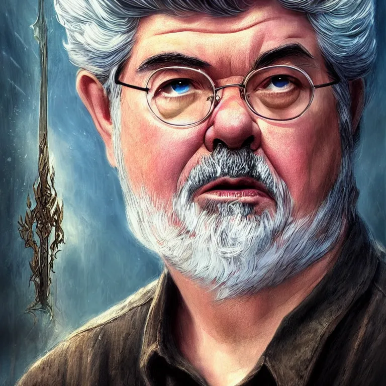Prompt: beautiful cinematic fantasy poster with George Lucas from Middle-Earth, fantasy, portrait, sharp focus, intricate, elegant, digital painting, artstation, matte, highly detailed, concept art, illustration, ambient lighting, hybrid from The Elden Ring and art direction by Darius Zawadzki ;by artgerm; wayne reynolds art station; cinematic quality character render; low angle; ultra high quality model; production quality cinema model;