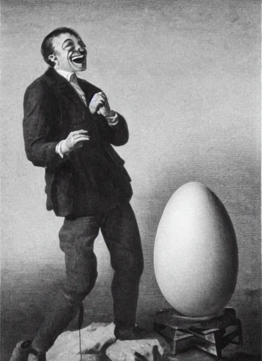 Prompt: a man standing atop an egg laughing wildly