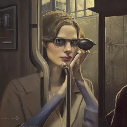 Image similar to detailed face of an intelligent clothed woman with kind eyes in a architectonic courtyard with whisps of smoke at a science expo, atmospheric, ambient, pj crook, syd mead, livia prima, artgerm, greg rutkowski, nick alm, casey baugh