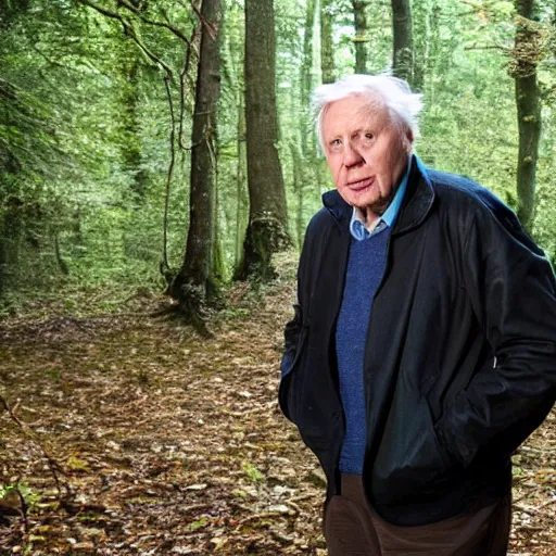 Image similar to Sir David Attenborough in the woods with a small red-eyed Mothman