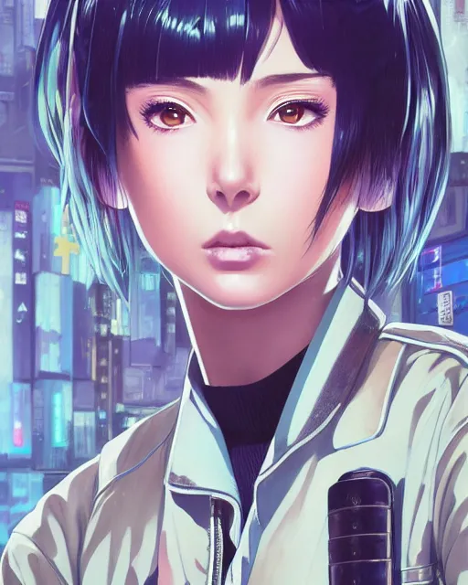 Prompt: ! dream police officer girl very very anime!!! fine face, audrey plaza, realistic shaded perfect face, fine details. anime. realistic shaded lighting cyberpunk futuristic neon tattoos styled hair reflective puffy sheen film jacket decorated poster by ilya kuvshinov katsuhiro otomo ghost in the shell magali villeneuve artgerm jeremy lipkin michael garmash rob rey