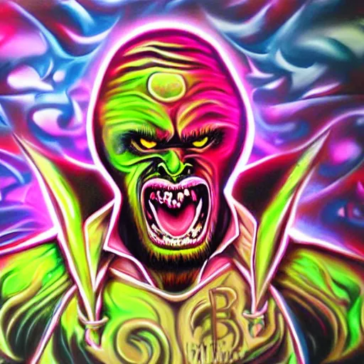 Image similar to psychedelic backlit airbrush artwork of a stylized orc biker