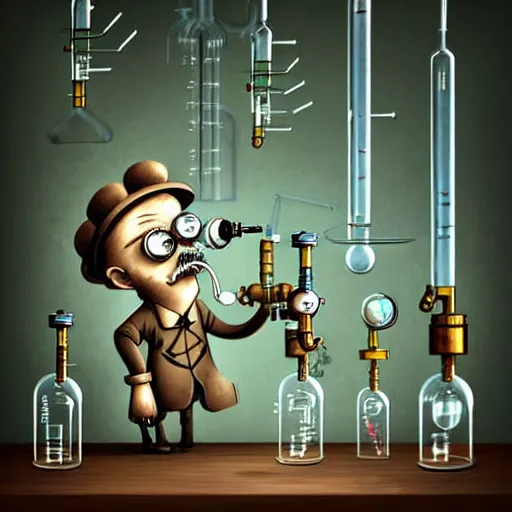 Prompt: steampunk mad scientist Funny cartoonish with test tubes at a science lab, einstein, old mad scientist, by Gediminas Pranckevicius H 704