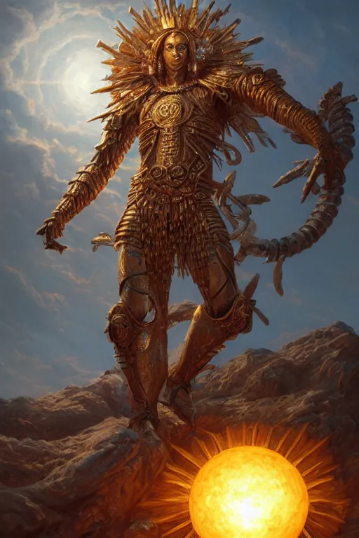 Image similar to humanoid god of the sun, highly detailed, d & d, fantasy, hyper detailed, digital painting, trending on artstation, apollo, concept art, sharp focus, illustration, art by artgerm and magali villeneuve and greg rutkowski and michael whelan, cryengine, 8 k realistic atmospheric lighting, frostbite 3 engine