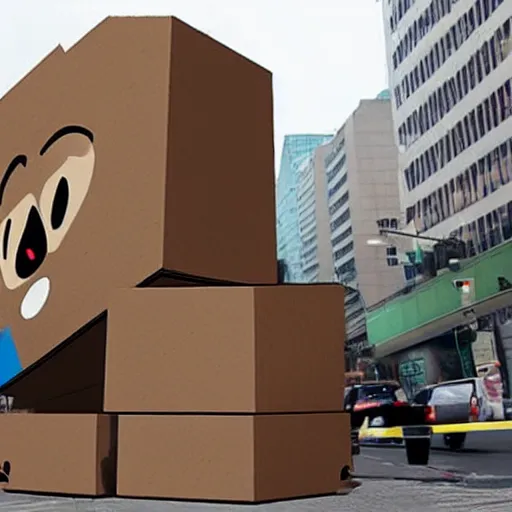 Prompt: a giant anthropomorphic cardboard box wreaking havoc on city, destroying buildings