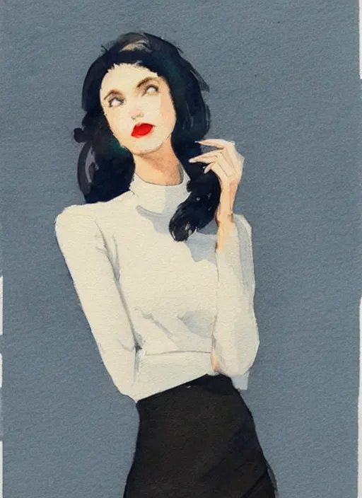 Image similar to concept art of a modern office life, young attractive business woman in pencil miniskirt and sleeveless turtleneck, pinterest, artstation trending, behance, watercolor, by coby whitmore, silver, laser light,