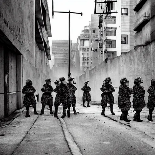 Image similar to realistic ominous soldiers in street, brutalist, cinematic, atmospheric lighting, old photograph, gunfire, muted colors, black white red, bones, banners, directed by villeneuve