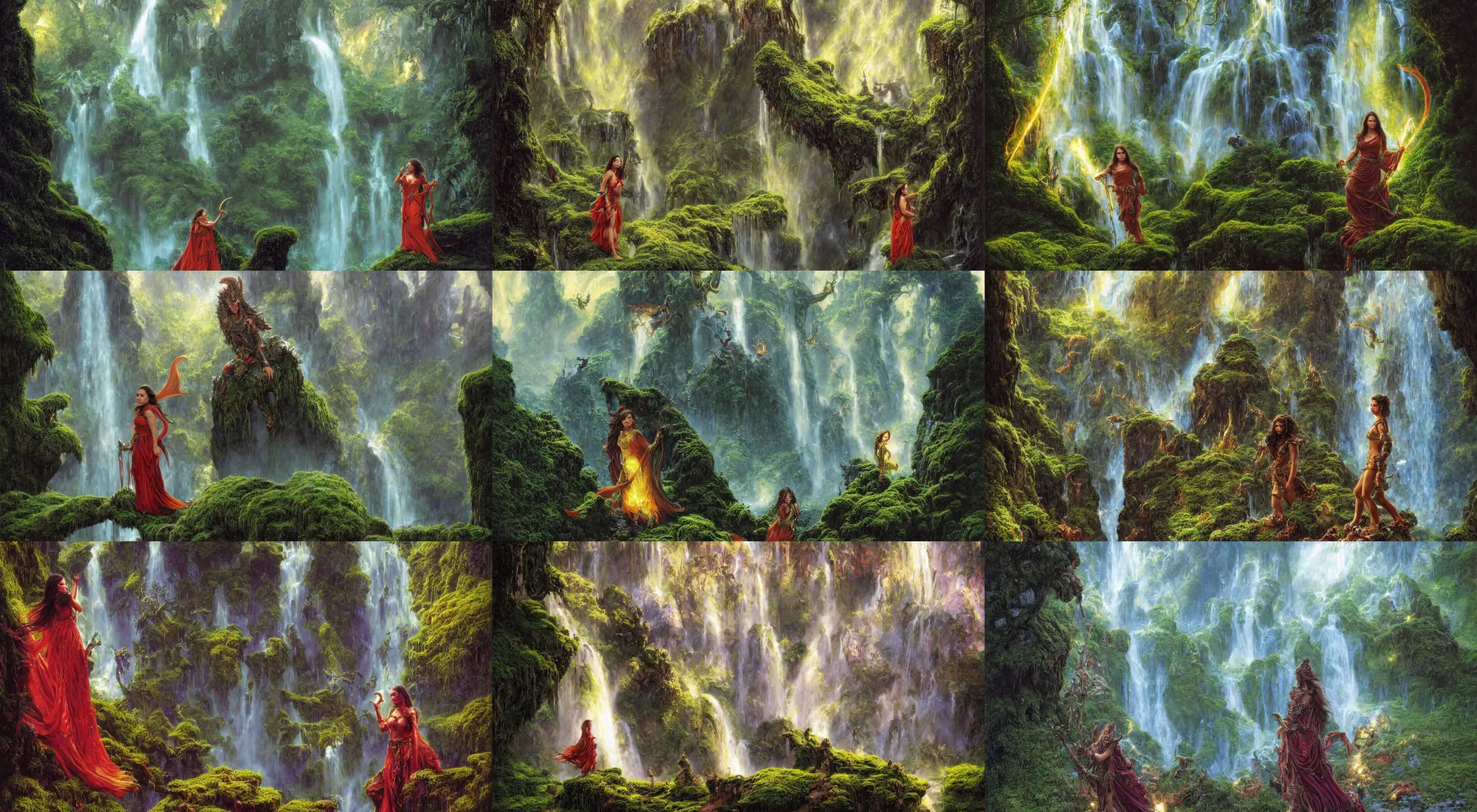 Prompt: close portrait of mila kunis as a dragon warrior, bright colors, sparkles, light rain, moist mossy white stones, mist from waterfall, cave glowing stones, epic composition, donato giancola, tim hildebrandt, wayne barlow, bruce pennington, larry elmore