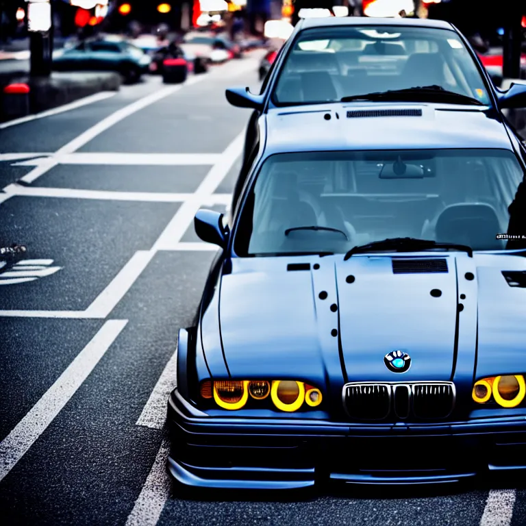 Image similar to close-up-photo BMW E36 turbo illegal meet, work-wheels, Shibuya shibuya shibuya, roadside, cinematic color, photorealistic, high detailed deep dish wheels, highly detailed, custom headlights, neon underlighting