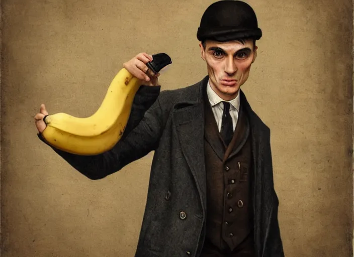 Image similar to thomas shelby in the form of a banana, lowbrow, matte painting, 3 - d highly detailed, in the style of mark ryden,