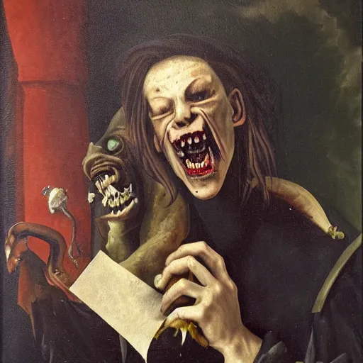 Prompt: an oil painting of an extremely ugly vampire Gargoyle, Renaissance painting, Renaissance Port City background, vampire teeth, 1450, holding paper fan