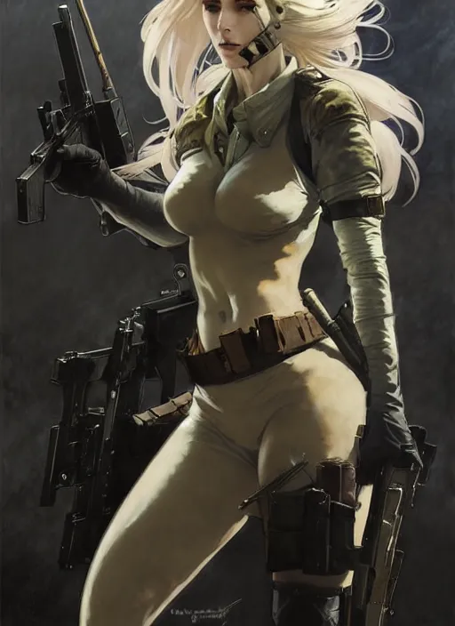 Prompt: beautiful neutral earth toned palette knife painting artwork of ciri as sniper wolf from metal gear solid 1 by yoji shinkawa jeremy mann, full body character portrait warhammer, charlie bowater and magali villeneuve and alphonse mucha, gaston bussiere, craig mullins, j. c. leyendecker, by artgerm