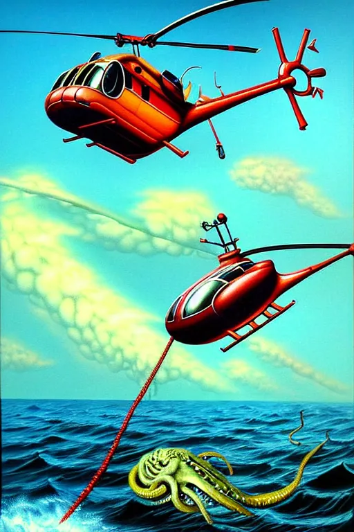 Image similar to a hyperrealistic painting of a helicopter being dragged into the water be sea creature, cinematic horror by chris cunningham, lisa frank, richard corben, highly detailed, vivid color,