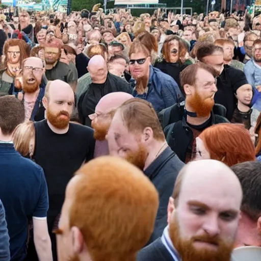 Prompt: a 7 foot tall, ginger, balding man walking among the crowd