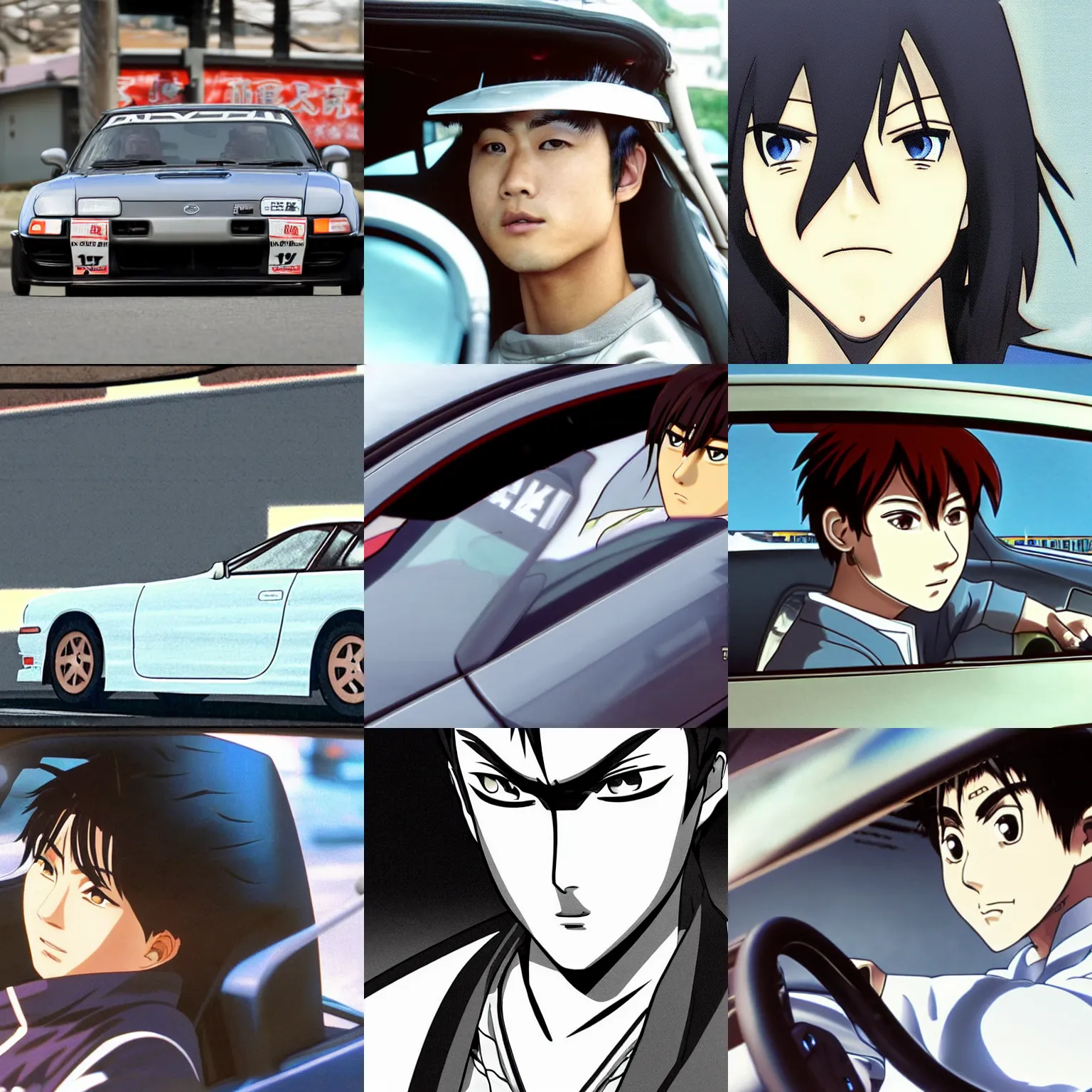 Prompt: close up of ryosuke takahashi in his mazda rx 7 getting food at a drive - through, initial d anime, initial d anime 1 0 8 0 p, detailed anime face, 1 9 9 8's anime