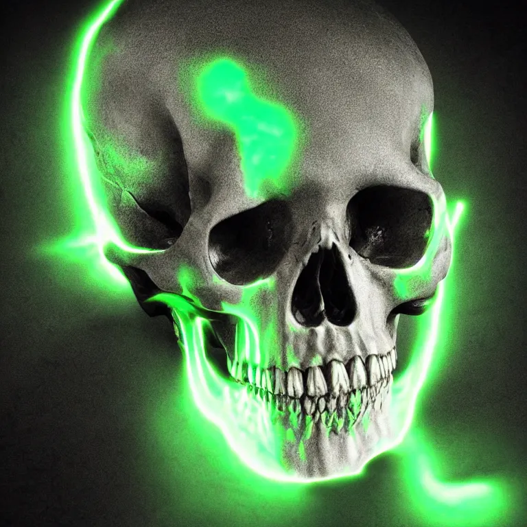 Prompt: photorealistic dark fantasy concept art of a glowing human skull with a green neon outline and a Pentagram on it's forehead, dynamic lighting, stunning visuals, realism, cinematic, hyper detailed, ultra detailed, beautiful visuals