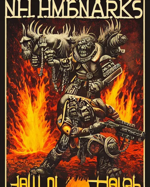 Prompt: 1 9 7 0 s national parks poster for hell, poster design, 4 k, heavy metal art style, warhammer 4 0 k