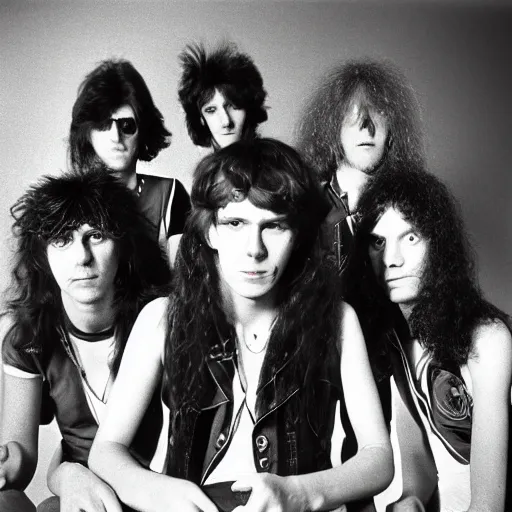 Image similar to Group of 19-year-old women holding electric guitars, long shaggy hair, permed hair, New Wave of British Heavy Metal, band promo photo, Diamond Head, Motörhead, Great Britain, 1981 photograph, 16mm photography