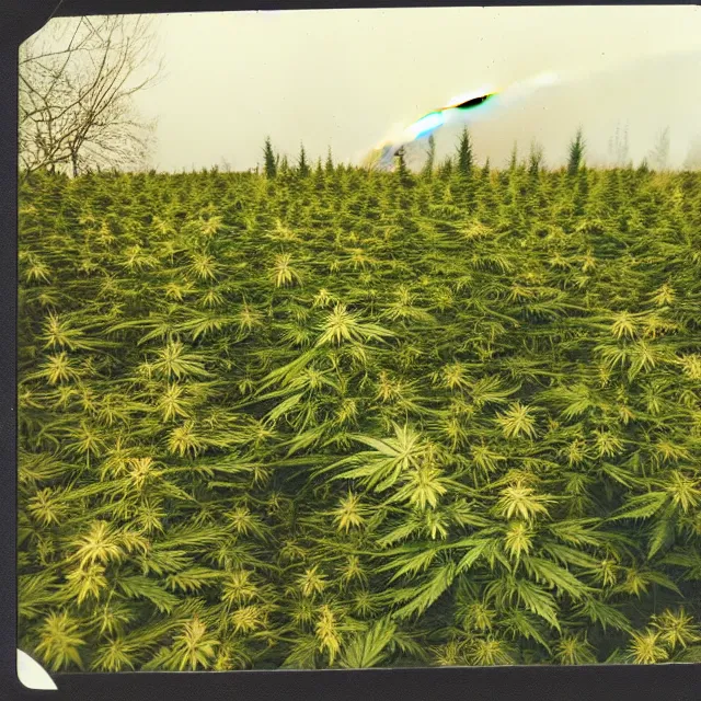 Image similar to very beautiful polaroid photo of a cannabis field near a pond on a clear day with a rainbow