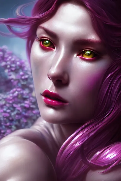 Image similar to ultra detailed, cinematic closeup photo of beautiful, female android deity, sharp focus, no blur, studio photo, model, floodlight. calm, angry, fantasy art, octane render, unreal engine. flowerpunk, noir. photorealistic concept art, triadic color scheme. art by artgerm and wlop and giger and greg rutkowski and alphonse mucha, 8 k